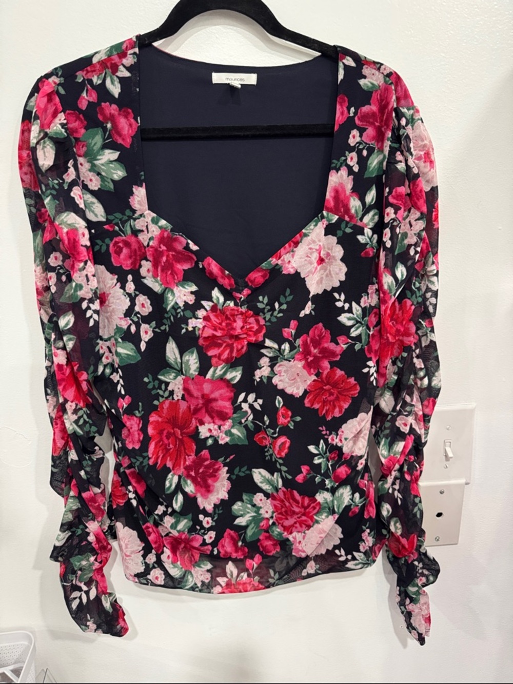 Maurices Black Blouse with Pink and Green Floral Print